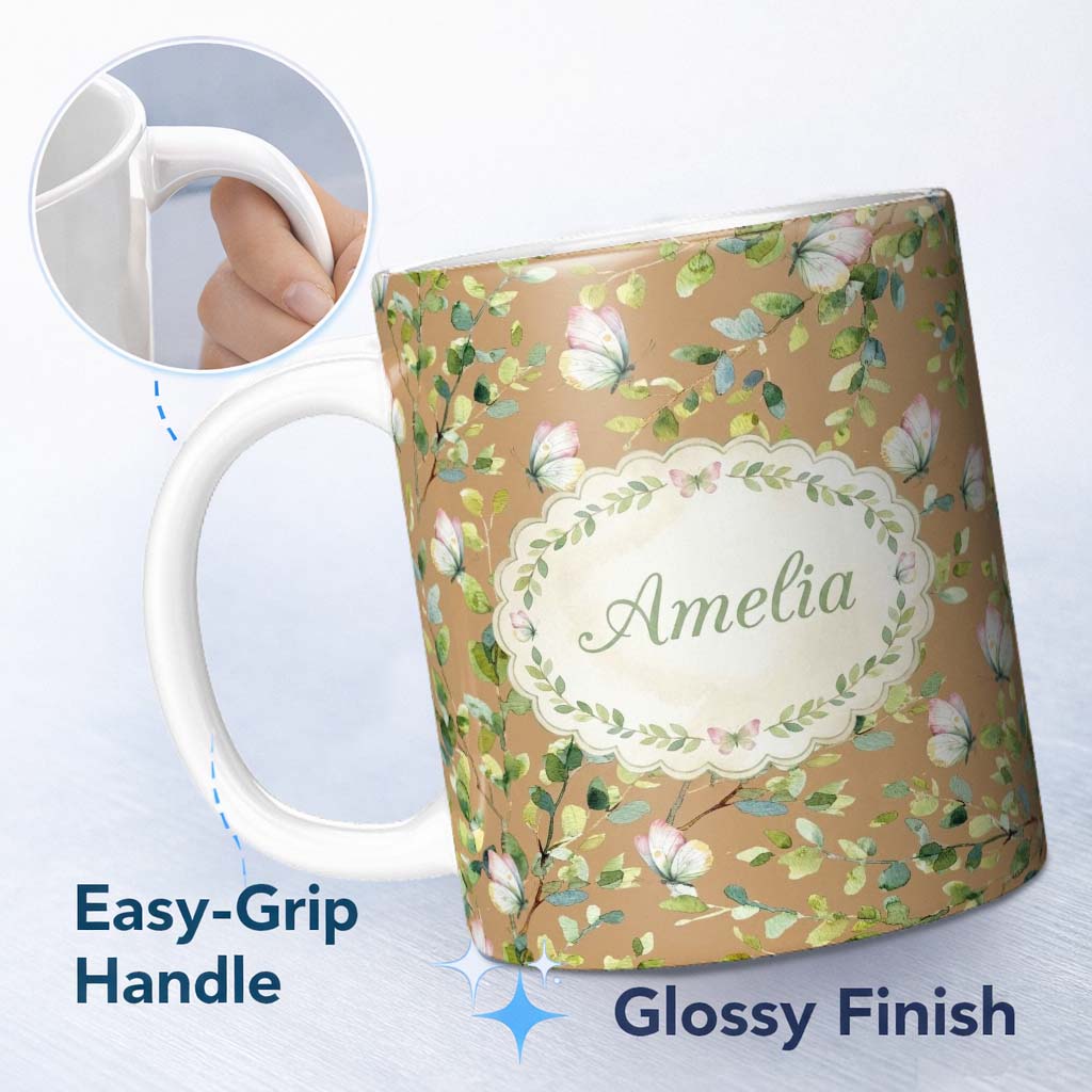 Personalized Custom Name Elegant Watercolor Butterflies and Green Leaves on Warm Tan 11oz Ceramic Coffee Tea Mug White Large Handle