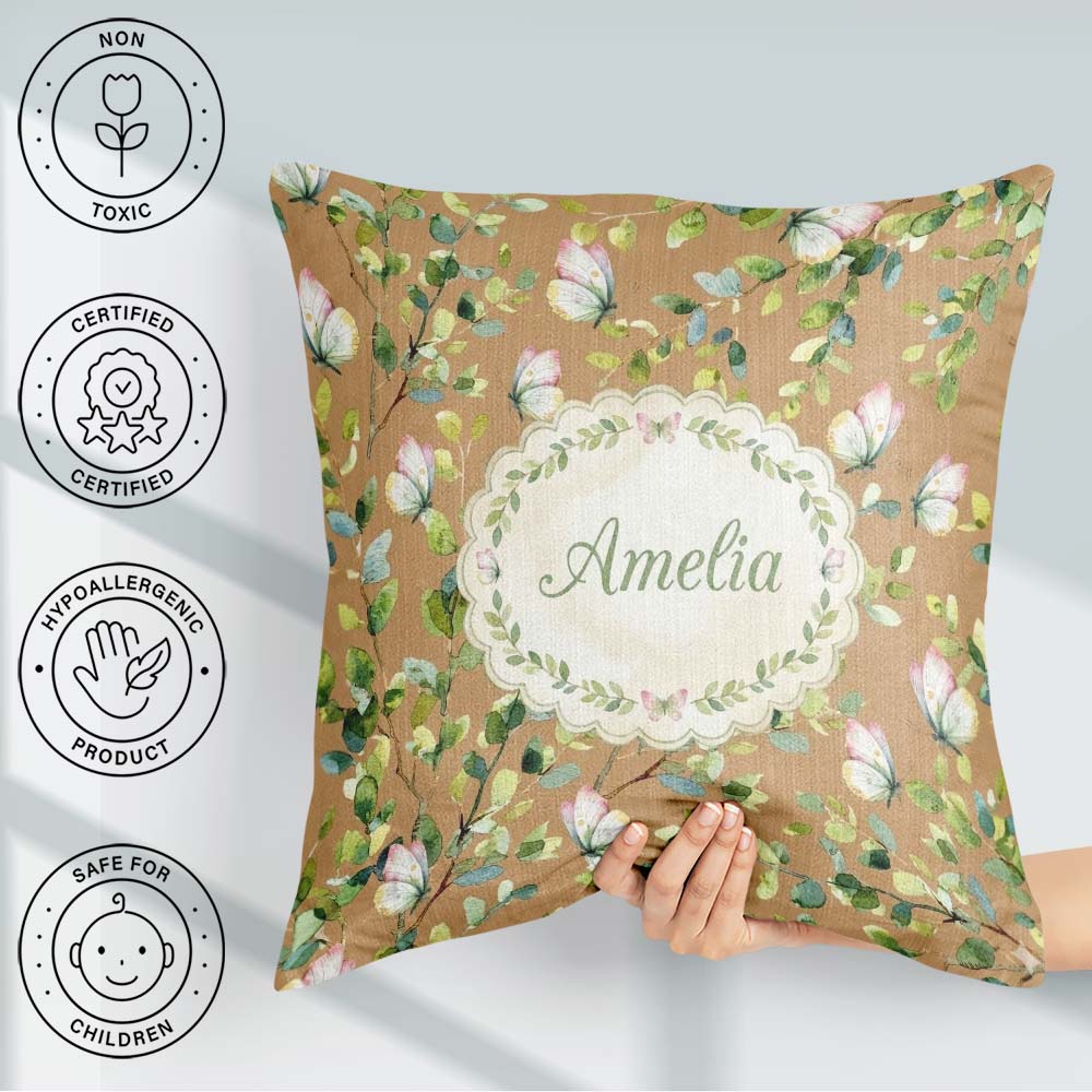 Custom Name Elegant Watercolor Butterflies and Green on Warm Tan Square Filled Cushion Throw Pillow Sofa Bed Home Decor Zip Washable UK Made