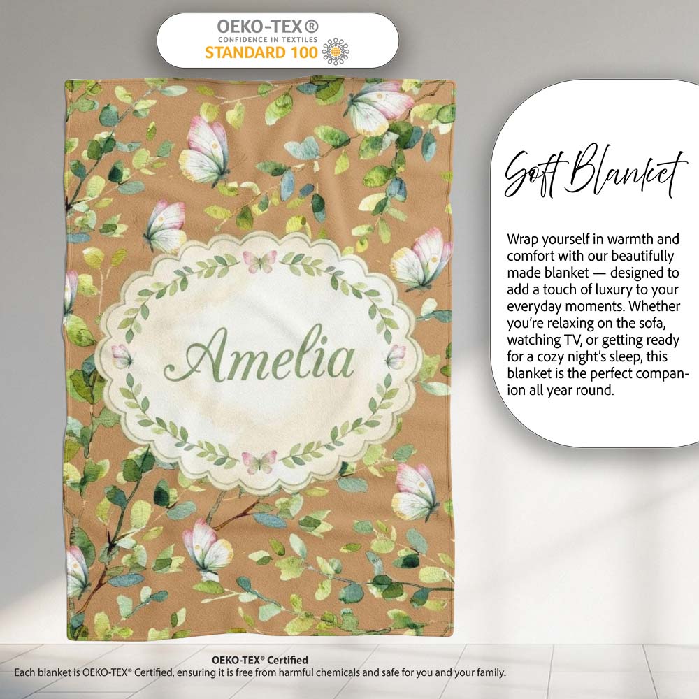 Elegant Watercolor Butterflies and Green Leaves on Warm Tan Personalised Custom Name Super Soft Fleece Blanket Bed Sofa Throw