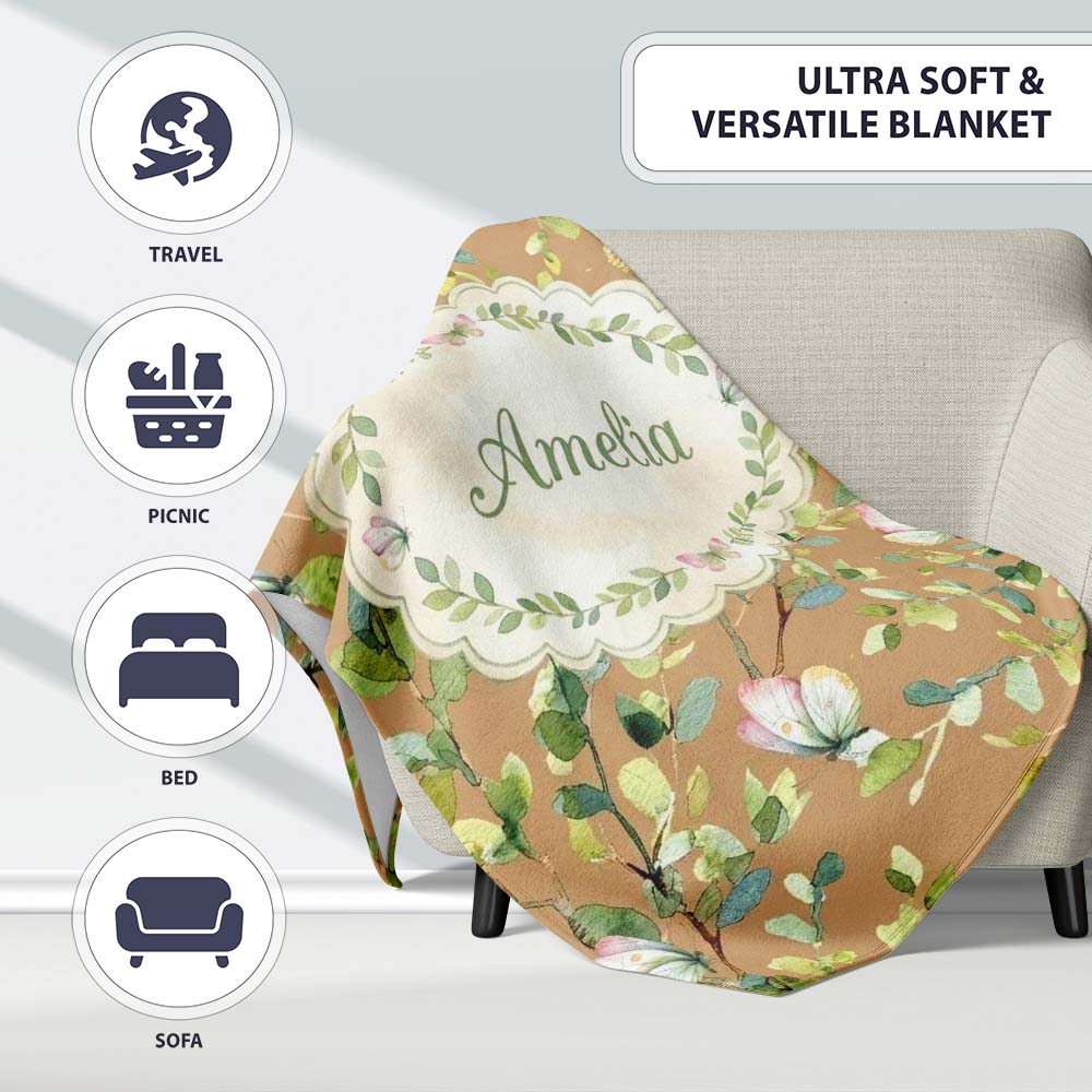 Elegant Watercolor Butterflies and Green Leaves on Warm Tan Personalised Custom Name Super Soft Fleece Blanket Bed Sofa Throw