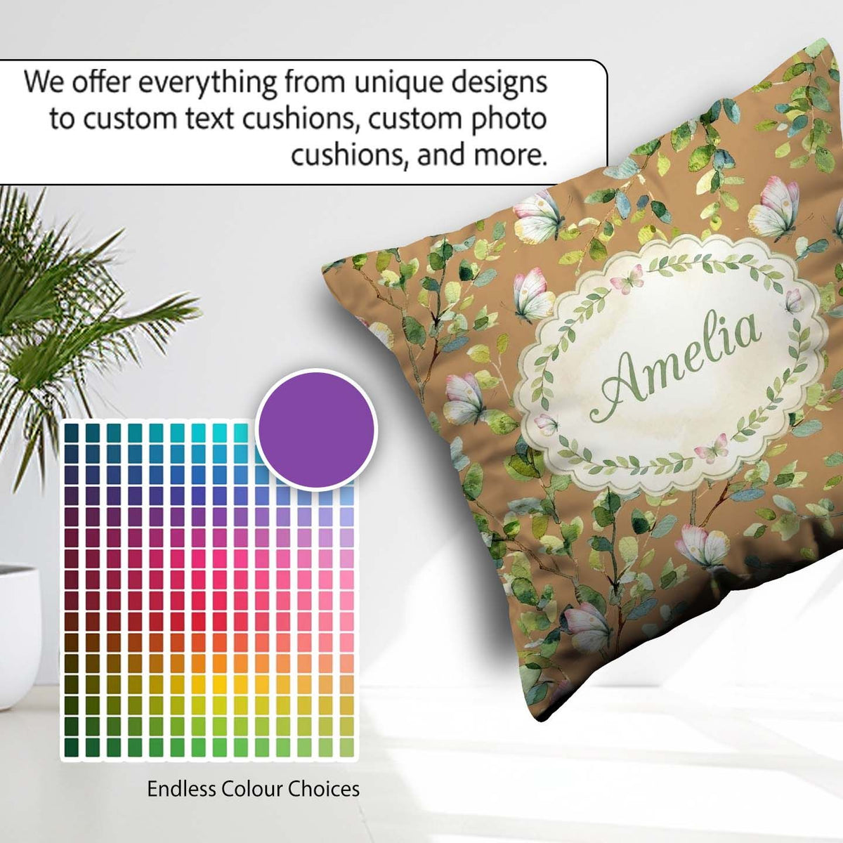 Custom Name Elegant Watercolor Butterflies and Green on Warm Tan Square Filled Cushion Throw Pillow Sofa Bed Home Decor Zip Washable UK Made