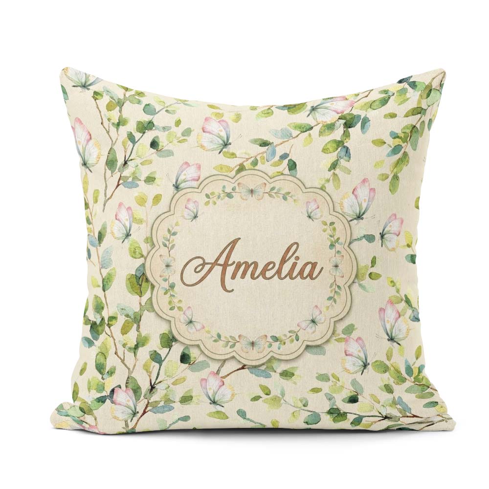 Custom Name Elegant Butterflies and Green Leaves on Soft Cream Square Filled Cushion Throw Pillow Sofa Bed Home Decor Zip Washable UK Made