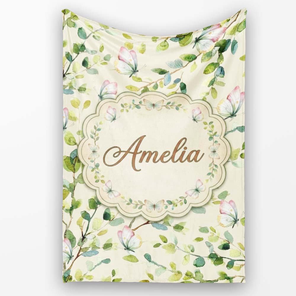 Elegant Watercolor Butterflies and Green Leaves on Soft Cream Personalised Custom Name Super Soft Fleece Blanket Bed Sofa Throw