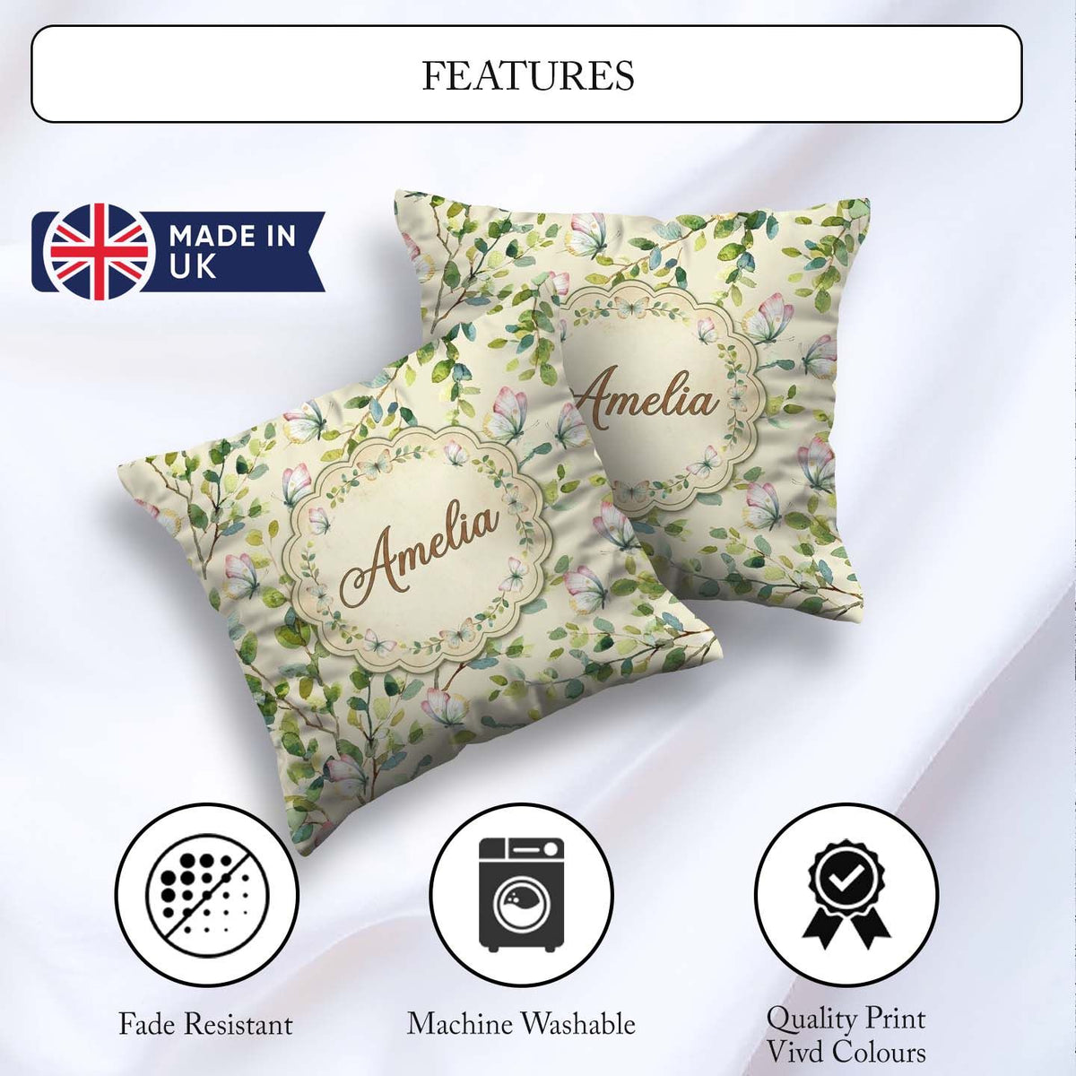 Custom Name Elegant Butterflies and Green Leaves on Soft Cream Square Filled Cushion Throw Pillow Sofa Bed Home Decor Zip Washable UK Made
