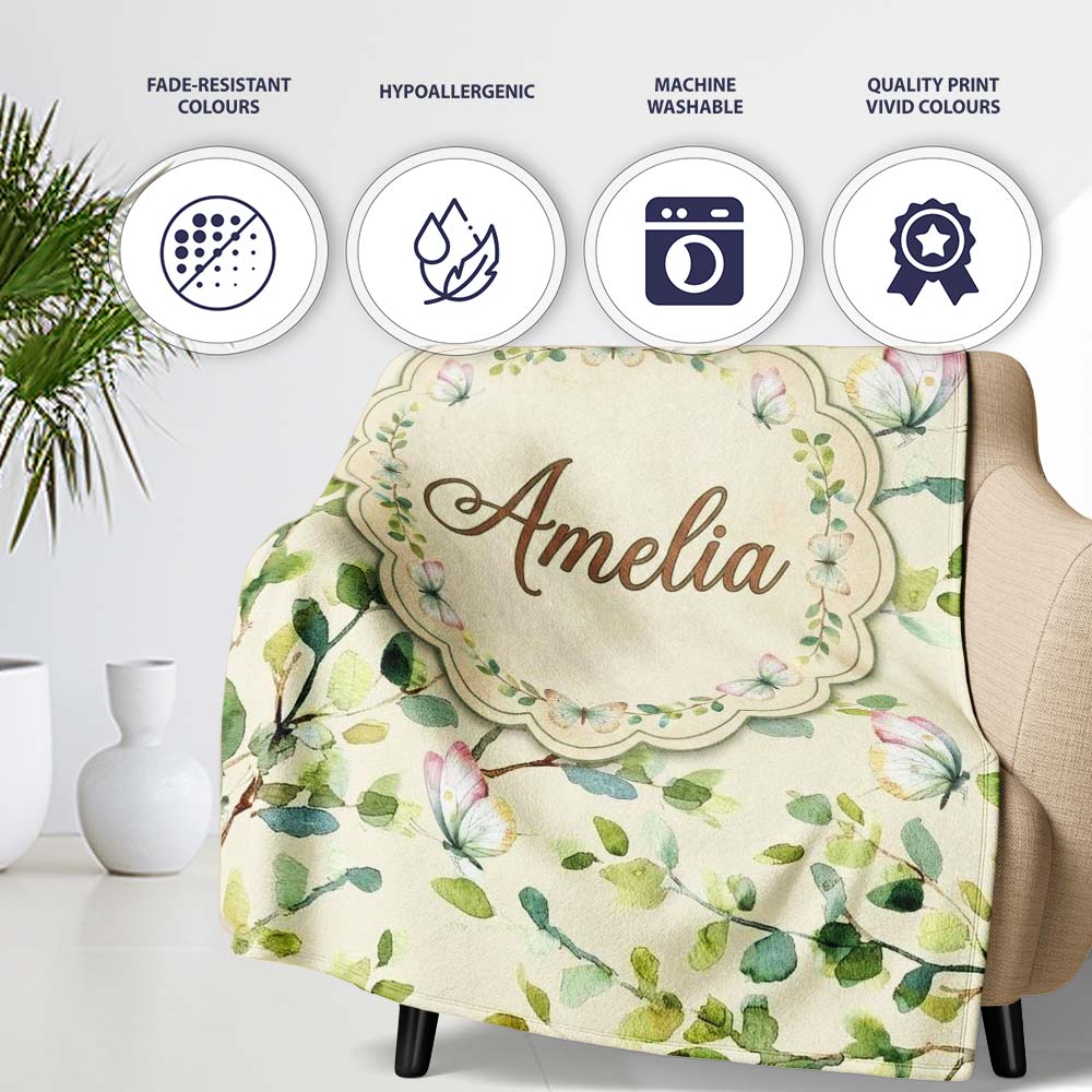 Elegant Watercolor Butterflies and Green Leaves on Soft Cream Personalised Custom Name Super Soft Fleece Blanket Bed Sofa Throw