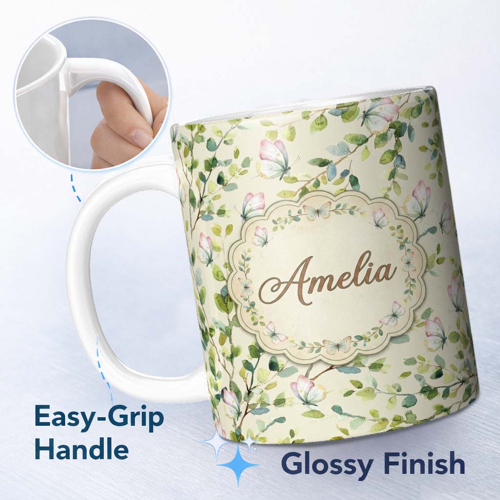 Personalized Custom Name Elegant Watercolor Butterflies and Green Leaves on Soft Cream 11oz Ceramic Coffee Tea Mug White Large Handle