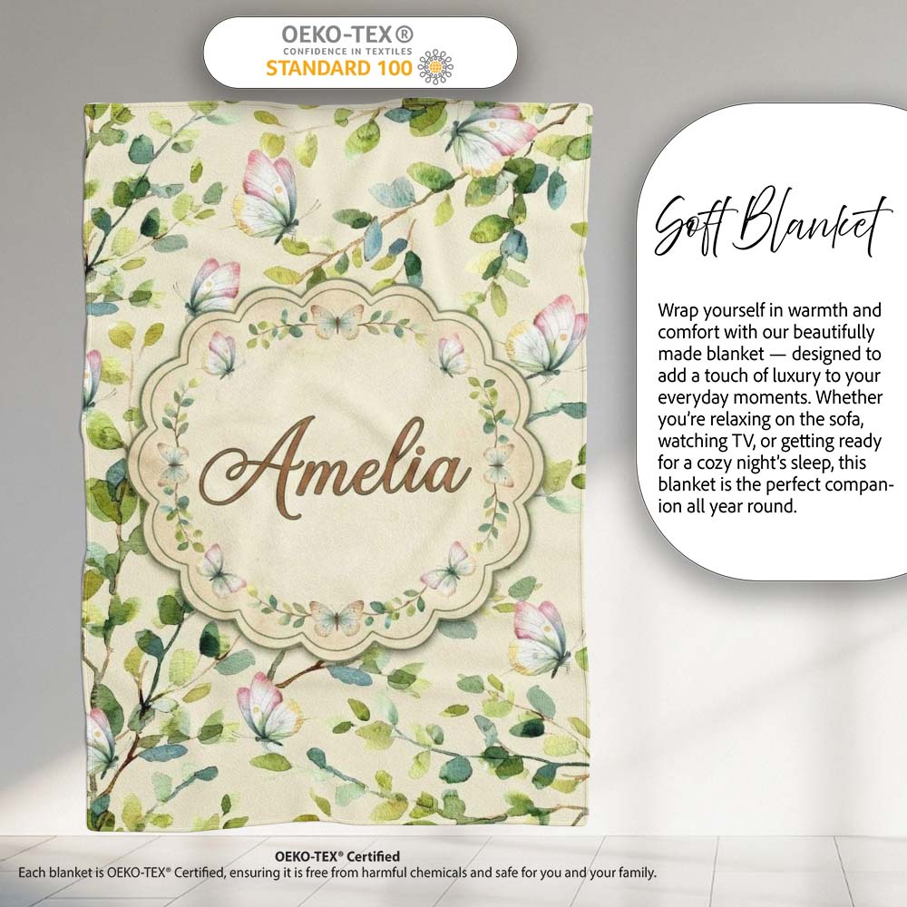 Elegant Watercolor Butterflies and Green Leaves on Soft Cream Personalised Custom Name Super Soft Fleece Blanket Bed Sofa Throw