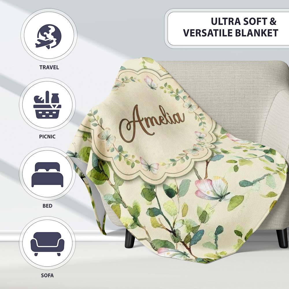 Elegant Watercolor Butterflies and Green Leaves on Soft Cream Personalised Custom Name Super Soft Fleece Blanket Bed Sofa Throw