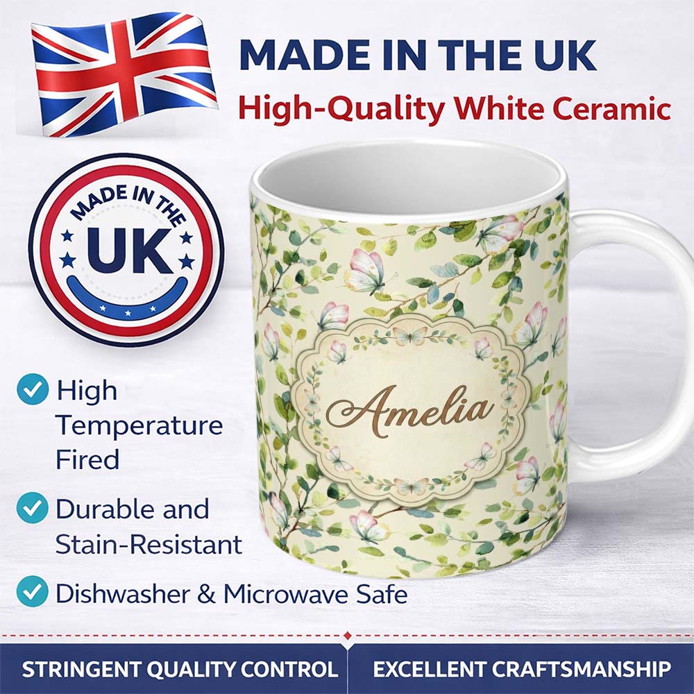 Personalized Custom Name Elegant Watercolor Butterflies and Green Leaves on Soft Cream 11oz Ceramic Coffee Tea Mug White Large Handle