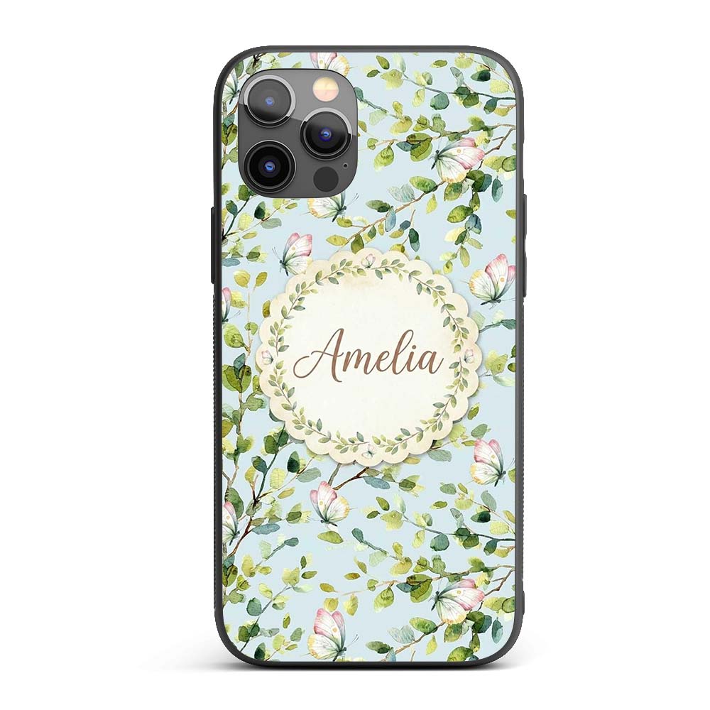 Elegant Watercolor Butterflies and Green Leaves Custom Name Protective Phone Case Mobile Cover Durable Everyday Smartphone Shock Resistant