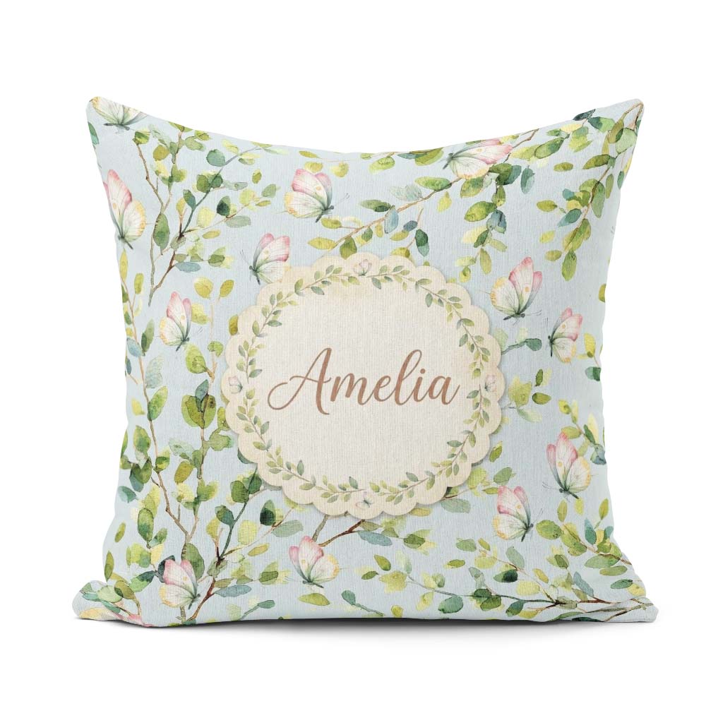 Custom Name Elegant Butterflies and Green Leaves on Light Blue Square Filled Cushion Throw Pillow Sofa Bed Home Decor Zip Washable UK Made
