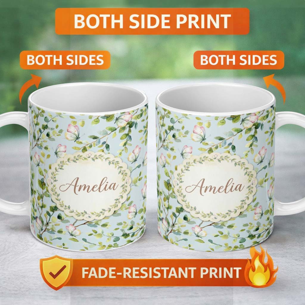 Personalized Custom Name Elegant Watercolor Butterflies and Green Leaves on Light Blue 11oz Ceramic Coffee Tea Mug White Large Handle