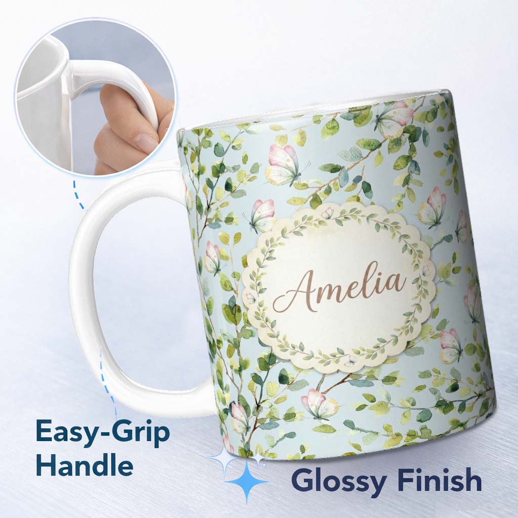 Personalized Custom Name Elegant Watercolor Butterflies and Green Leaves on Light Blue 11oz Ceramic Coffee Tea Mug White Large Handle