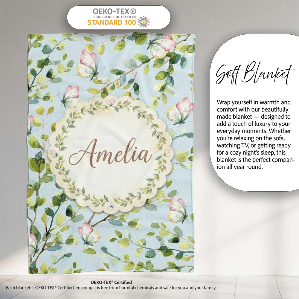 Elegant Watercolor Butterflies and Green Leaves on Light Blue Personalised Custom Name Super Soft Fleece Blanket Bed Sofa Throw