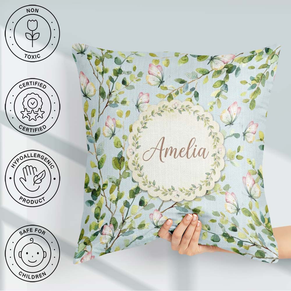 Custom Name Elegant Butterflies and Green Leaves on Light Blue Square Filled Cushion Throw Pillow Sofa Bed Home Decor Zip Washable UK Made