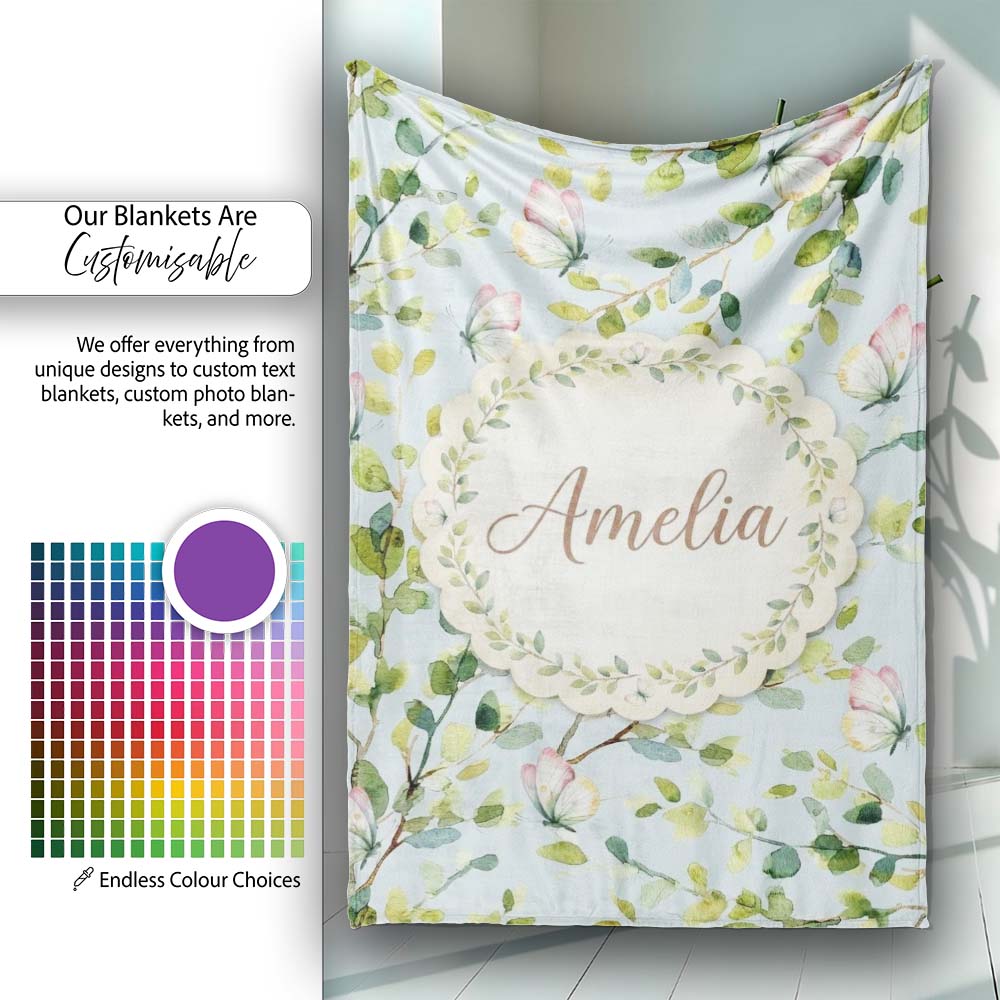 Elegant Watercolor Butterflies and Green Leaves on Light Blue Personalised Custom Name Super Soft Fleece Blanket Bed Sofa Throw
