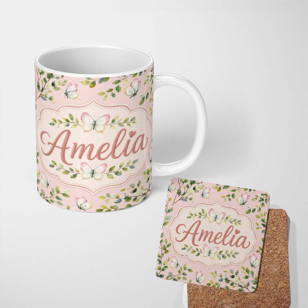 Personalized Custom Name Elegant Watercolor Butterflies and Green Leaves on Blush Pink 11oz Ceramic Coffee Tea Mug White Large Handle