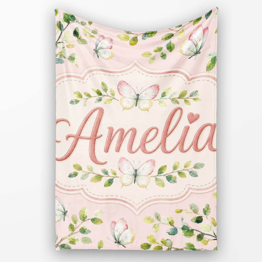 Elegant Watercolor Butterflies and Green Leaves on Blush Pink Personalised Custom Name Super Soft Fleece Blanket Bed Sofa Throw