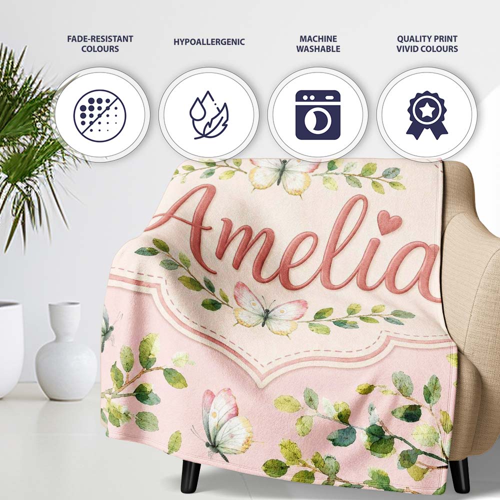 Elegant Watercolor Butterflies and Green Leaves on Blush Pink Personalised Custom Name Super Soft Fleece Blanket Bed Sofa Throw