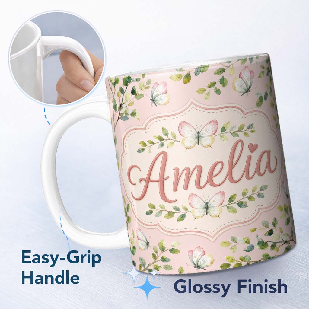Personalized Custom Name Elegant Watercolor Butterflies and Green Leaves on Blush Pink 11oz Ceramic Coffee Tea Mug White Large Handle