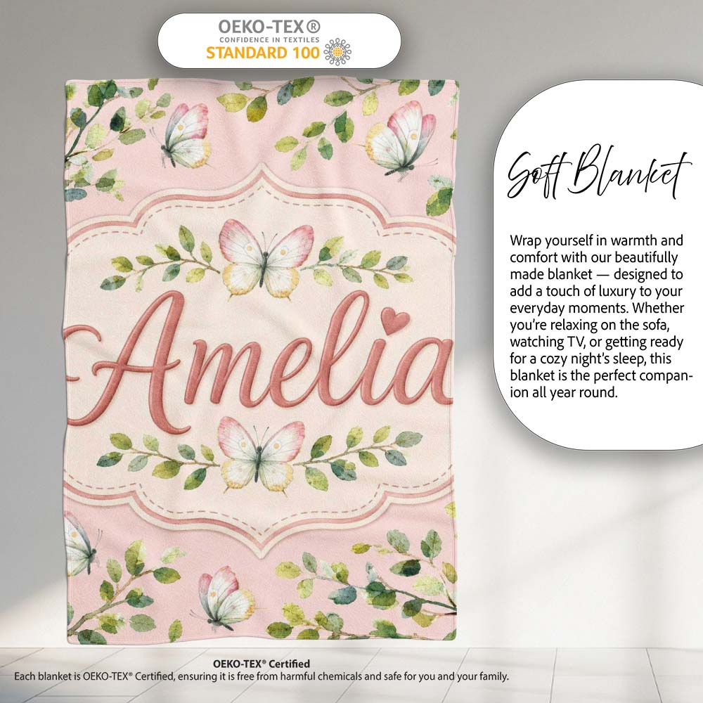 Elegant Watercolor Butterflies and Green Leaves on Blush Pink Personalised Custom Name Super Soft Fleece Blanket Bed Sofa Throw