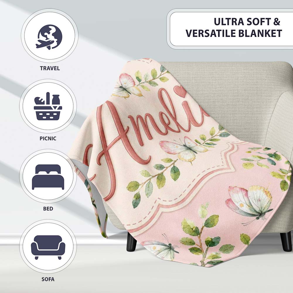 Elegant Watercolor Butterflies and Green Leaves on Blush Pink Personalised Custom Name Super Soft Fleece Blanket Bed Sofa Throw