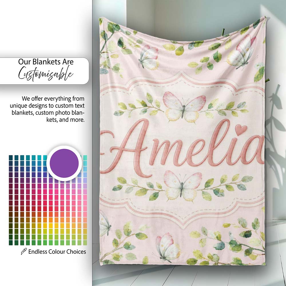 Elegant Watercolor Butterflies and Green Leaves on Blush Pink Personalised Custom Name Super Soft Fleece Blanket Bed Sofa Throw
