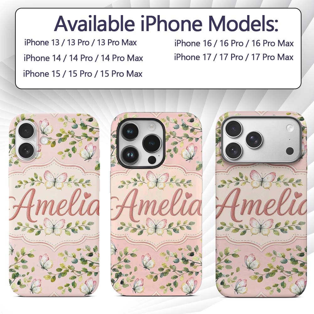 Elegant Watercolor Butterflies and Green Leaves Custom Name Protective Phone Case Mobile Cover Durable Everyday Smartphone Shock Resistant