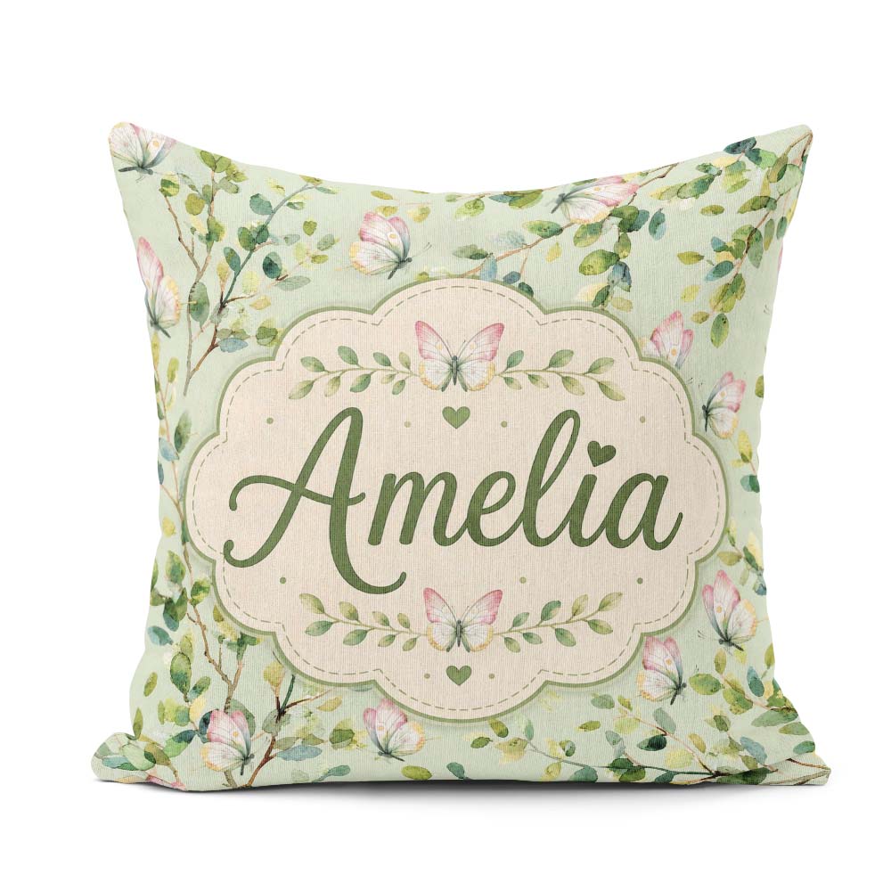 Custom Name Elegant Watercolor and Green Leaves on Sage Seamless Square Filled Cushion Throw Pillow Sofa Bed Home Decor Zip Washable UK Made