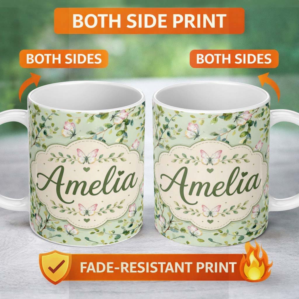 Personalized Custom Name Elegant Watercolor Butterflies and Green Leaves on Sage Seamless 11oz Ceramic Coffee Tea Mug White Large Handle