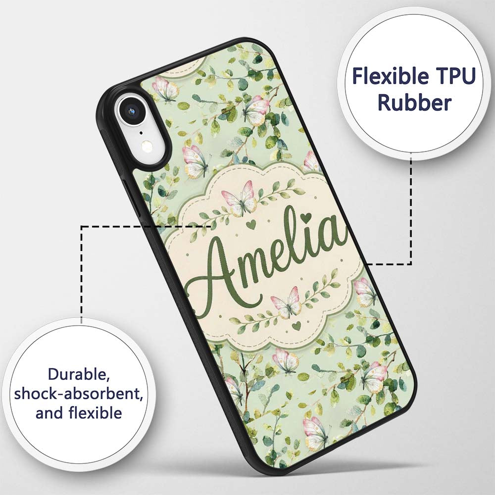 Elegant Watercolor Butterflies and Green Leaves Custom Name Protective Phone Case Mobile Cover Durable Everyday Smartphone Shock Resistant