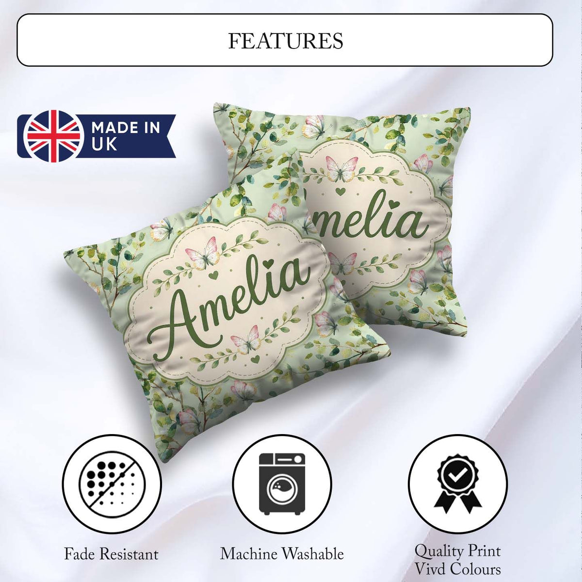 Custom Name Elegant Watercolor and Green Leaves on Sage Seamless Square Filled Cushion Throw Pillow Sofa Bed Home Decor Zip Washable UK Made