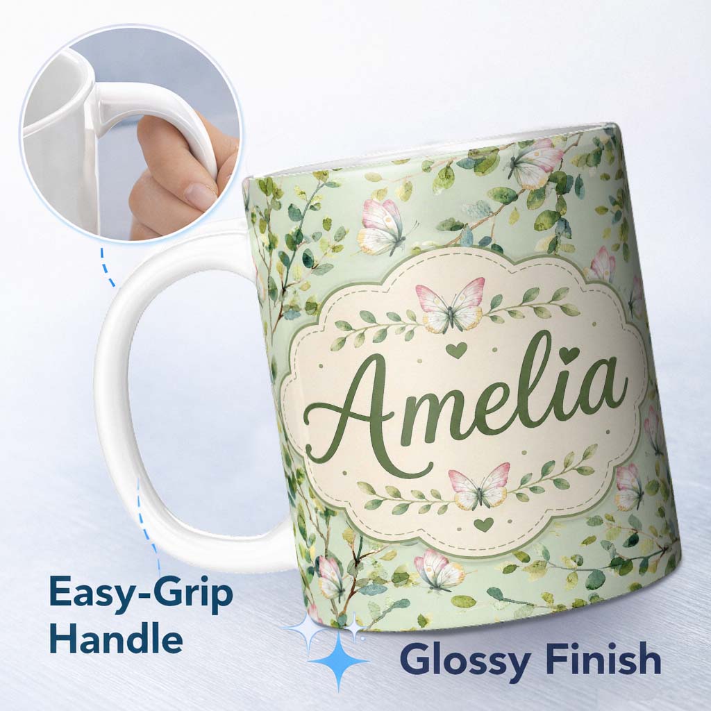 Personalized Custom Name Elegant Watercolor Butterflies and Green Leaves on Sage Seamless 11oz Ceramic Coffee Tea Mug White Large Handle