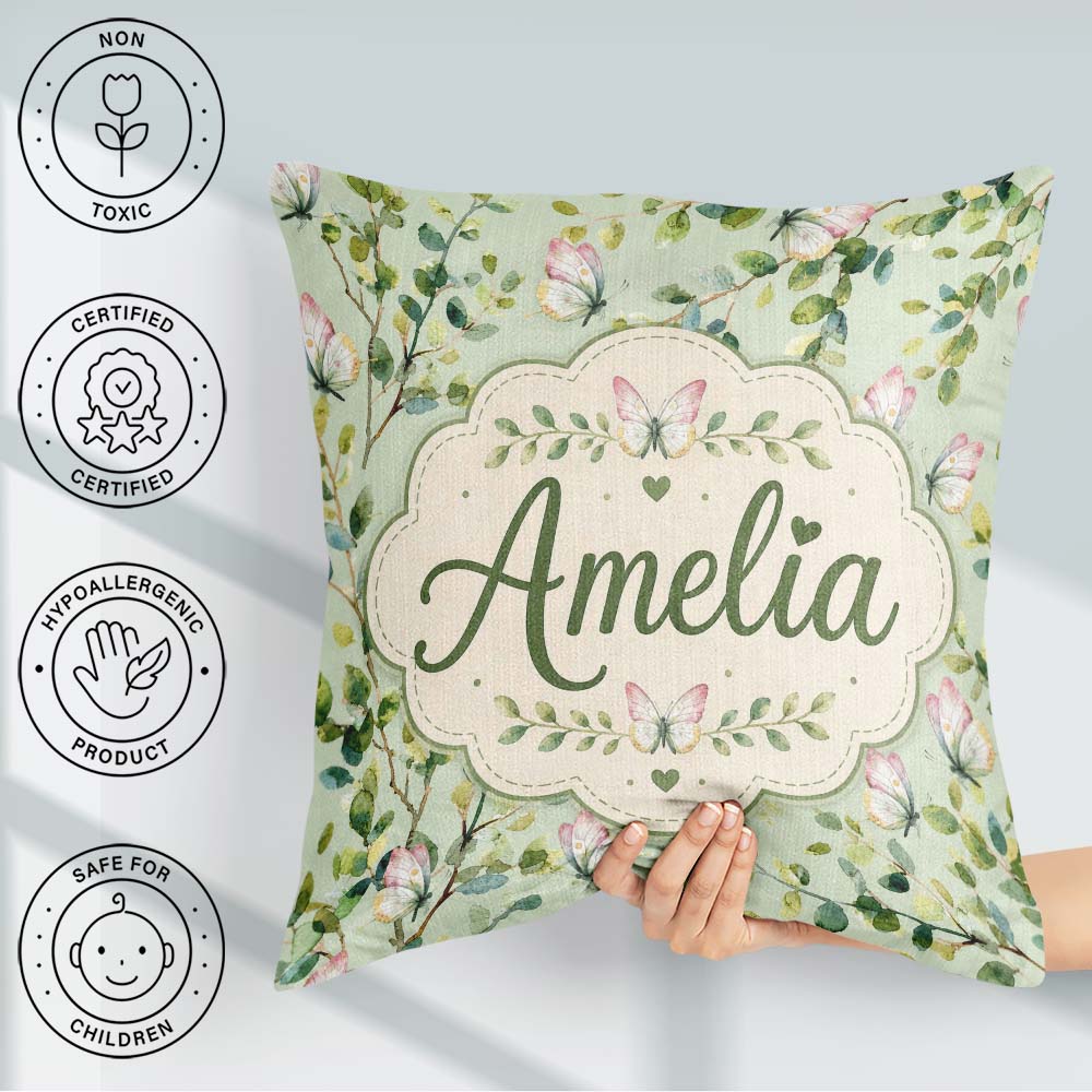 Custom Name Elegant Watercolor and Green Leaves on Sage Seamless Square Filled Cushion Throw Pillow Sofa Bed Home Decor Zip Washable UK Made