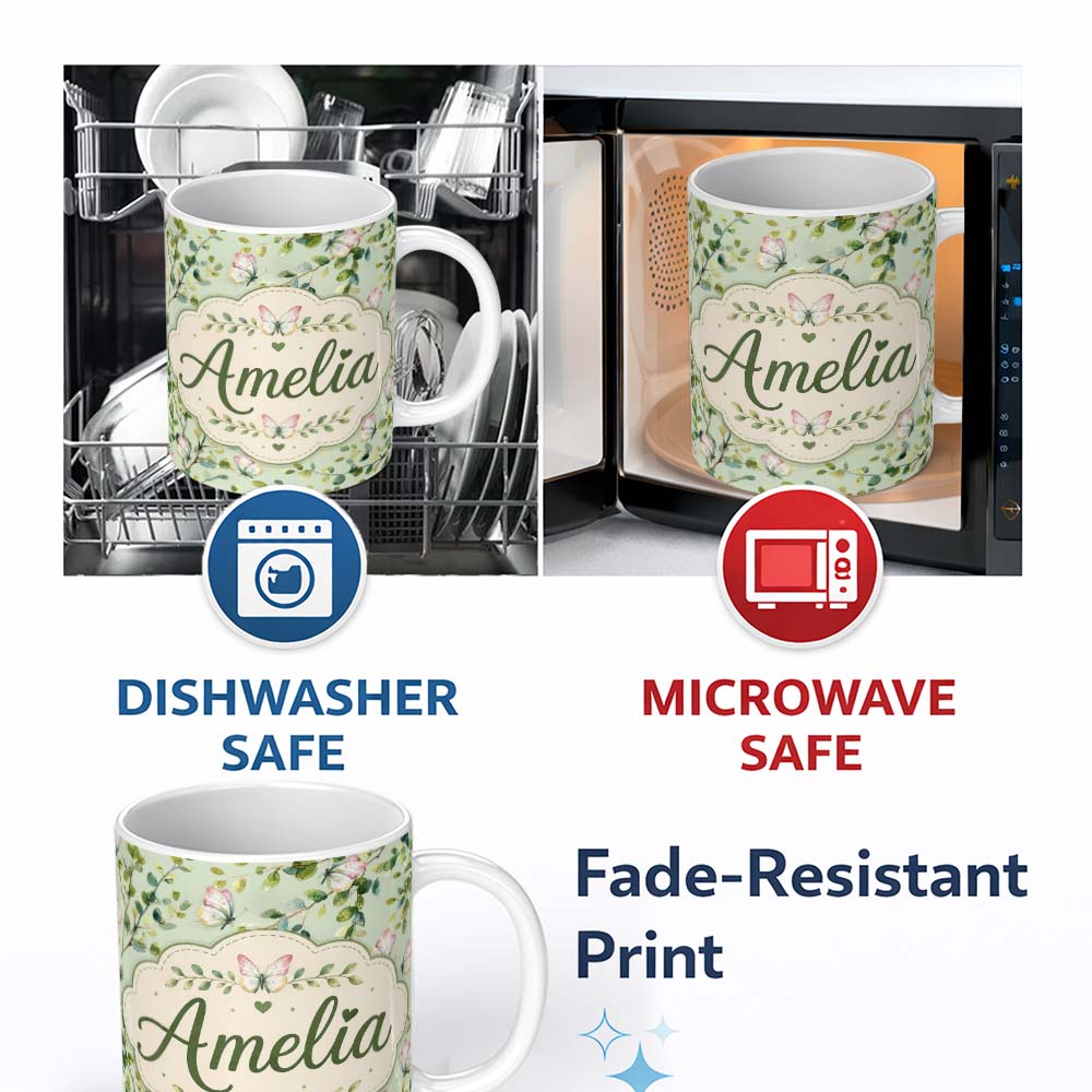 Personalized Custom Name Elegant Watercolor Butterflies and Green Leaves on Sage Seamless 11oz Ceramic Coffee Tea Mug White Large Handle