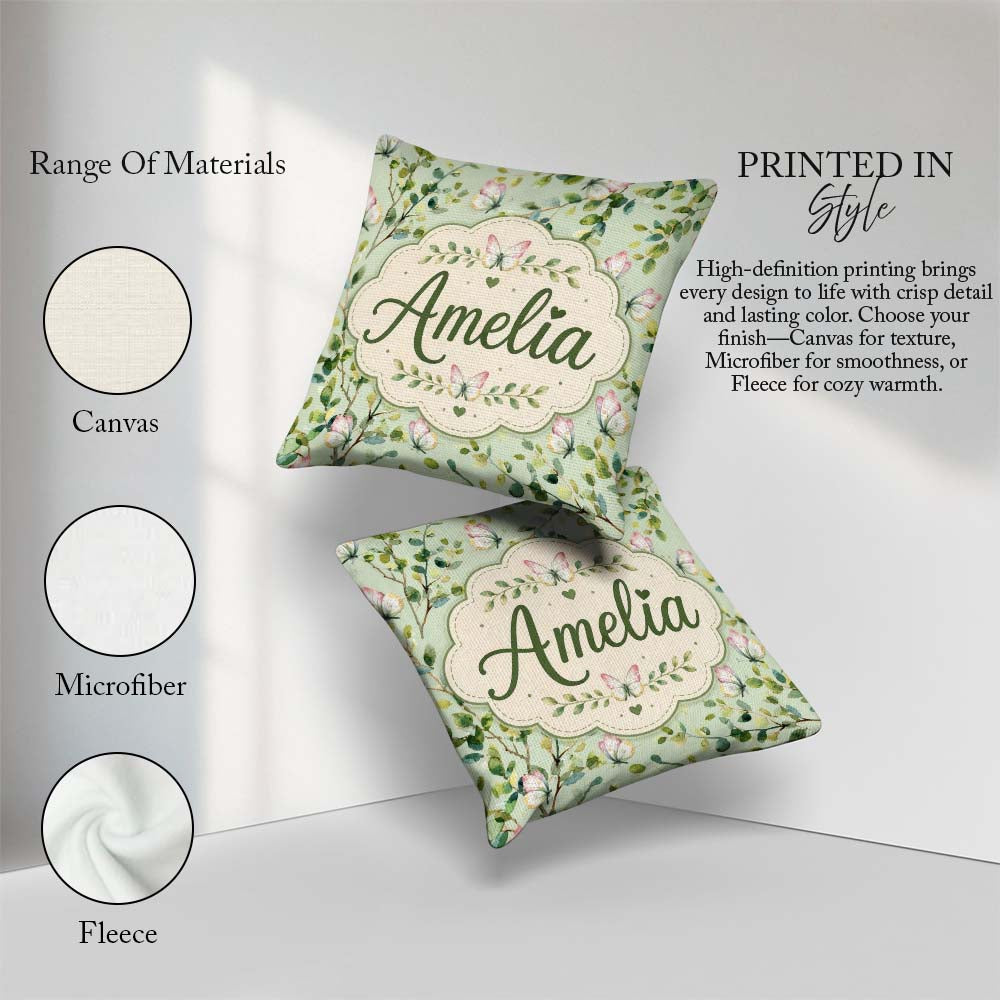 Custom Name Elegant Watercolor and Green Leaves on Sage Seamless Square Filled Cushion Throw Pillow Sofa Bed Home Decor Zip Washable UK Made