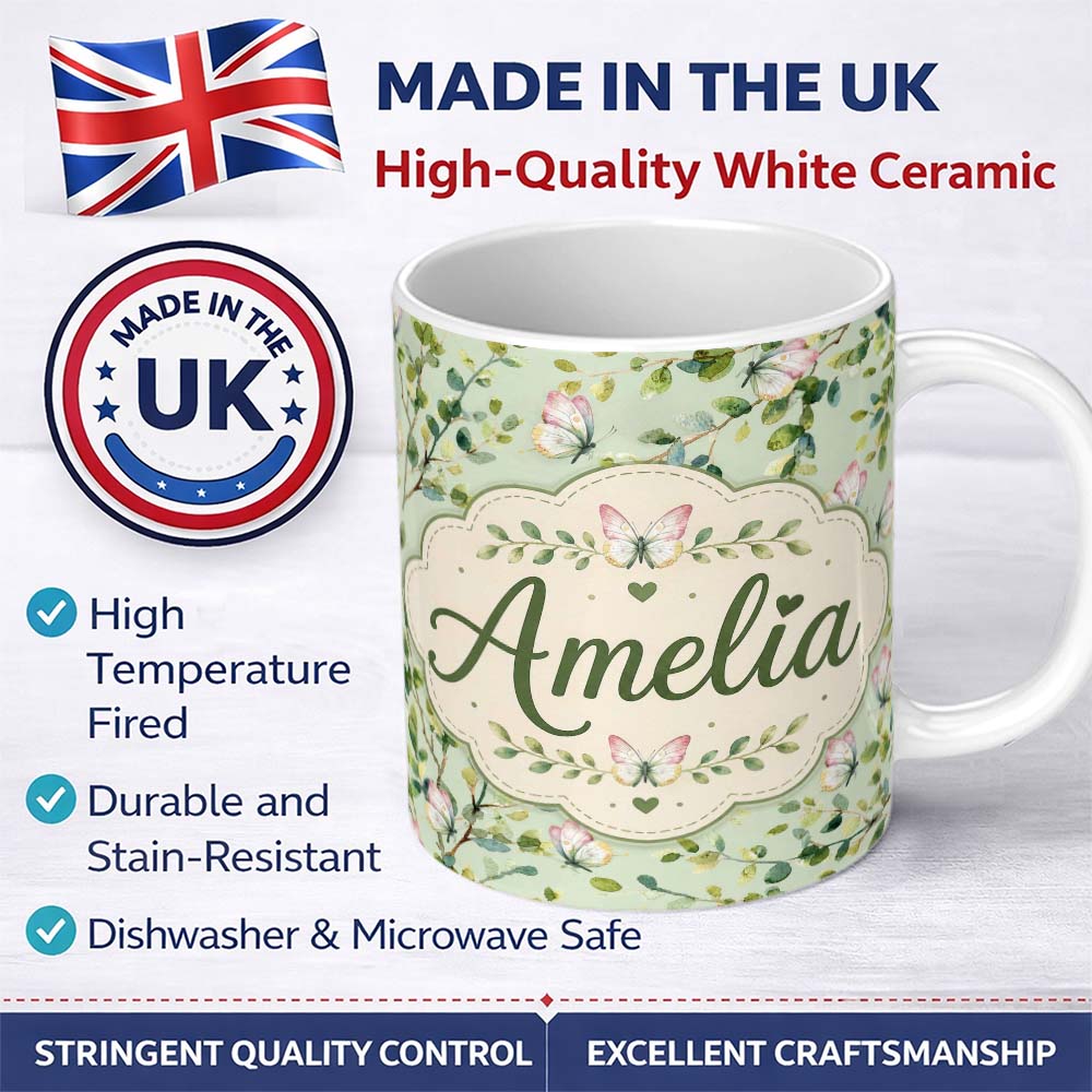 Personalized Custom Name Elegant Watercolor Butterflies and Green Leaves on Sage Seamless 11oz Ceramic Coffee Tea Mug White Large Handle