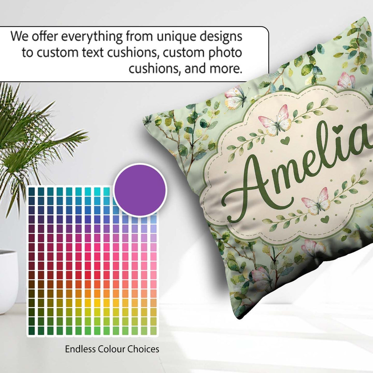 Custom Name Elegant Watercolor and Green Leaves on Sage Seamless Square Filled Cushion Throw Pillow Sofa Bed Home Decor Zip Washable UK Made