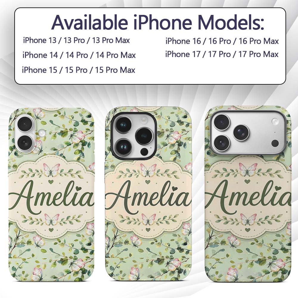 Elegant Watercolor Butterflies and Green Leaves Custom Name Protective Phone Case Mobile Cover Durable Everyday Smartphone Shock Resistant
