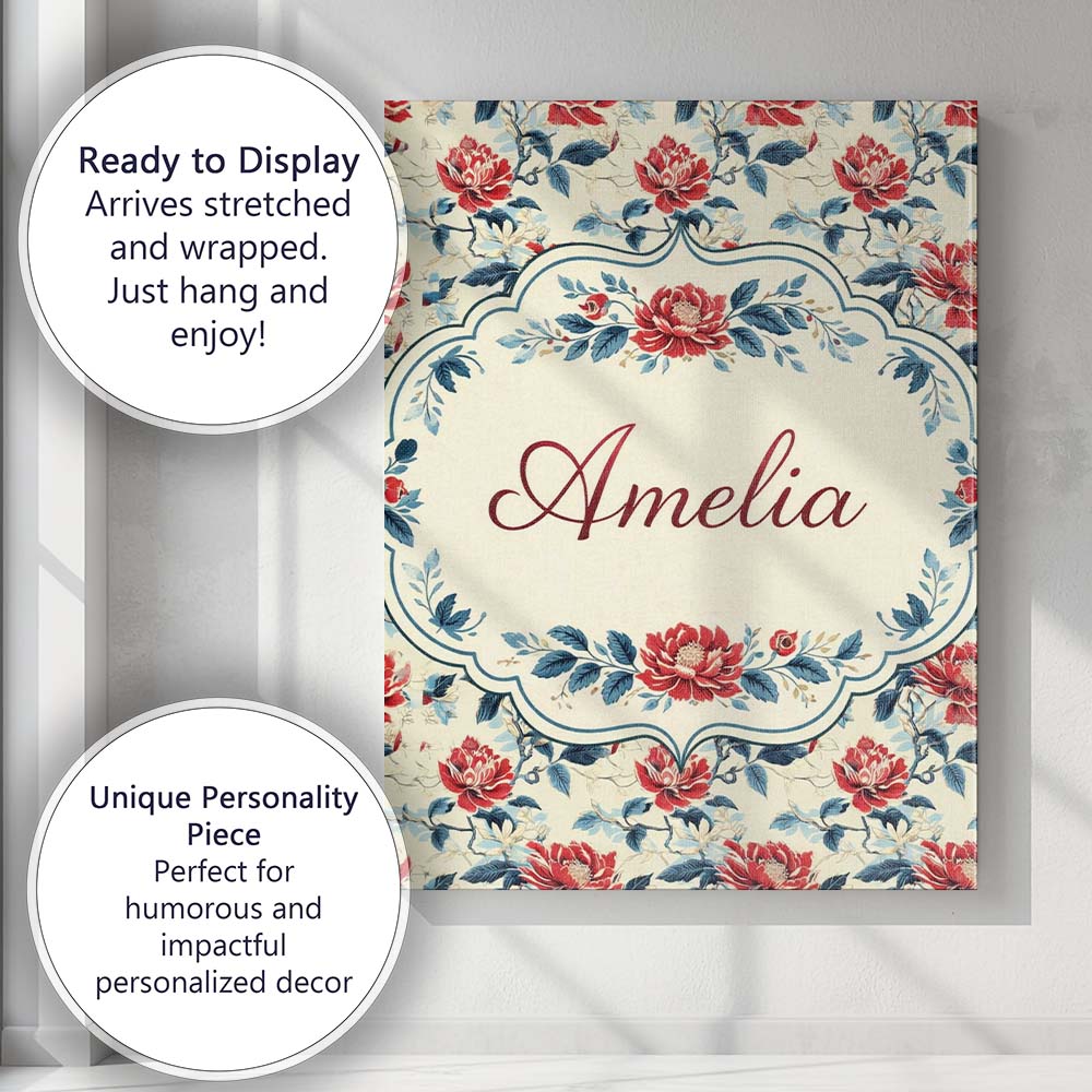 Personalised Name Oriental Inspired Red Blossom Floral Cream Background Decorative Custom Canvas Wall Art Print Decor Picture Ready to Hang