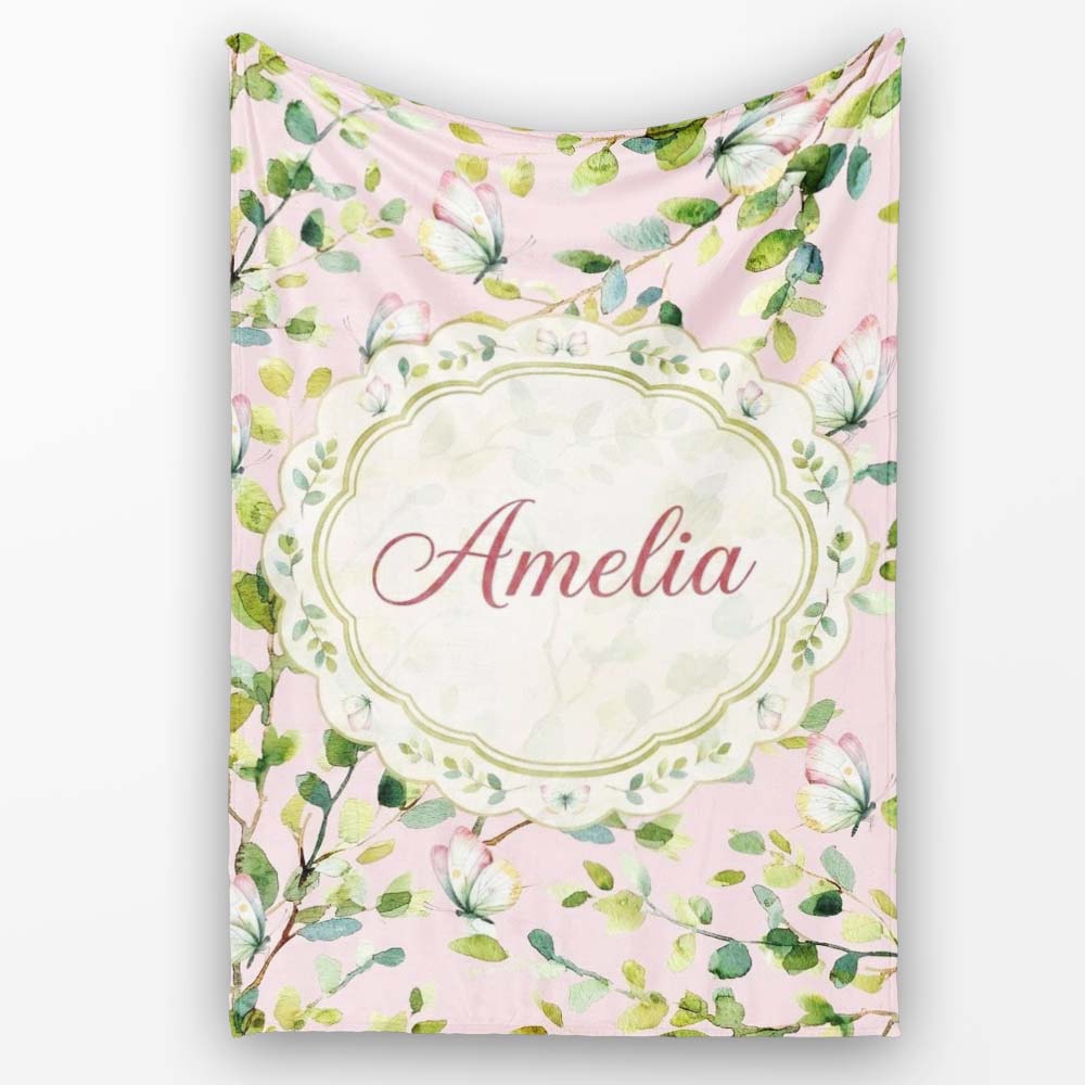 Elegant Watercolor Butterflies and Green Leaves on Muted Seamless Personalised Custom Name Super Soft Fleece Blanket Bed Sofa Throw