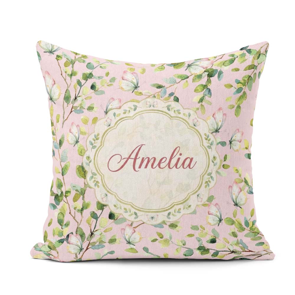 Custom Name Elegant Watercolor Butterflies Green Leaves on Muted Square Filled Cushion Throw Pillow Sofa Bed Home Decor Zip Washable UK Made