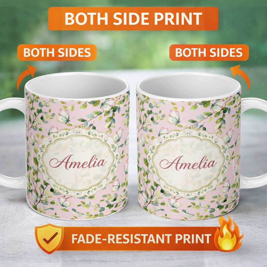 Personalized Custom Name Elegant Watercolor Butterflies and Green Leaves on Muted Seamless 11oz Ceramic Coffee Tea Mug White Large Handle