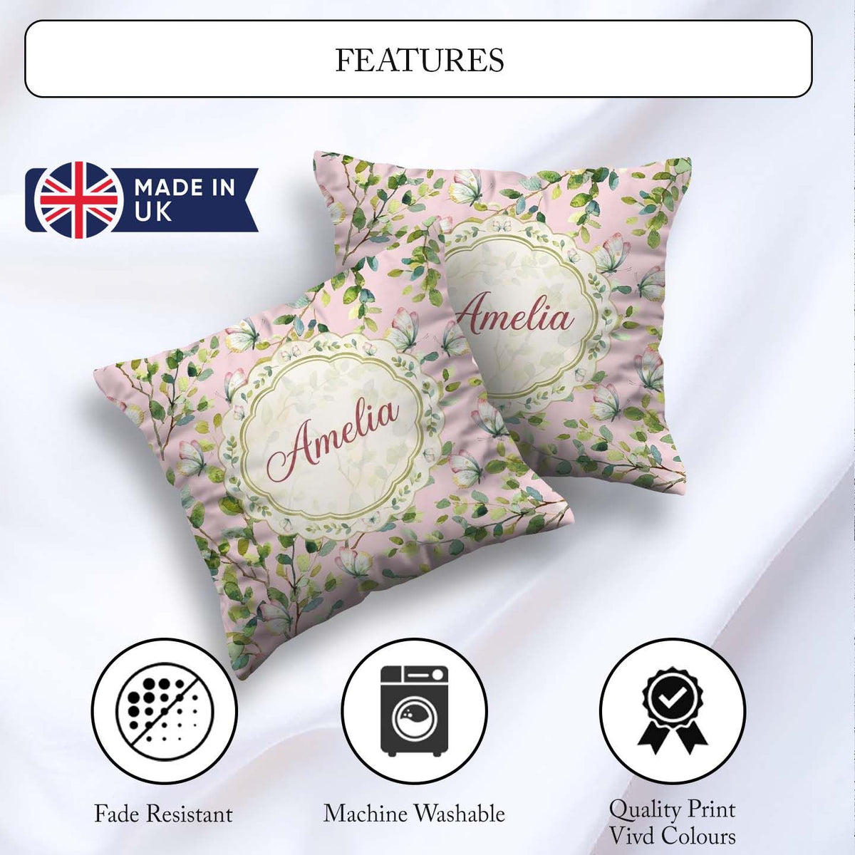 Custom Name Elegant Watercolor Butterflies Green Leaves on Muted Square Filled Cushion Throw Pillow Sofa Bed Home Decor Zip Washable UK Made