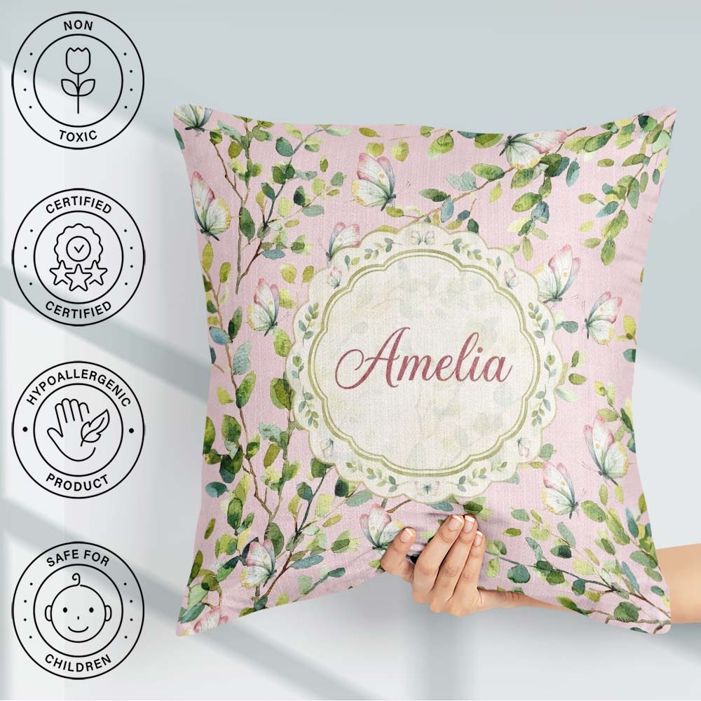 Custom Name Elegant Watercolor Butterflies Green Leaves on Muted Square Filled Cushion Throw Pillow Sofa Bed Home Decor Zip Washable UK Made
