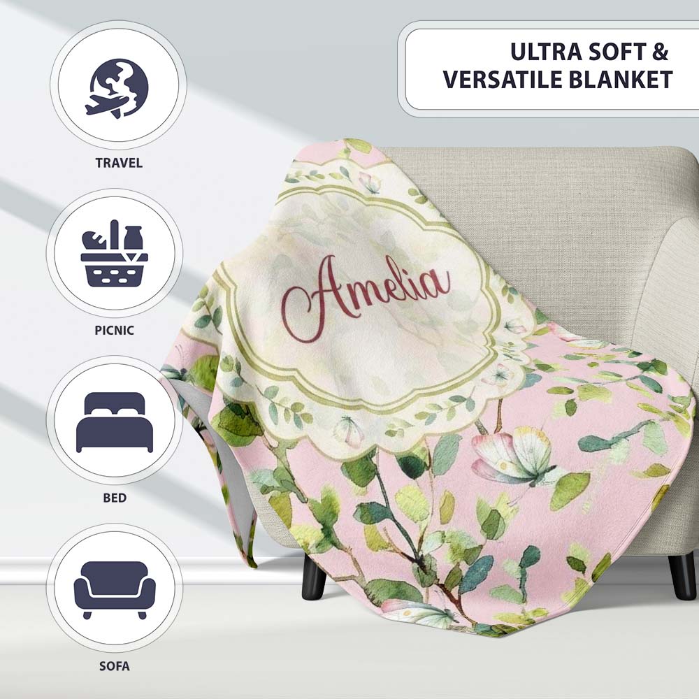 Elegant Watercolor Butterflies and Green Leaves on Muted Seamless Personalised Custom Name Super Soft Fleece Blanket Bed Sofa Throw