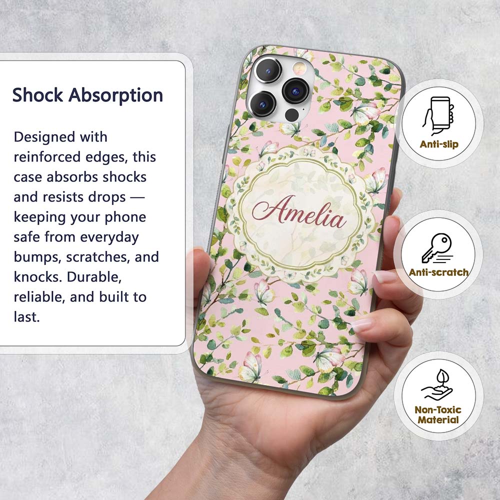 Elegant Watercolor Butterflies and Green Leaves Custom Name Protective Phone Case Mobile Cover Durable Everyday Smartphone Shock Resistant
