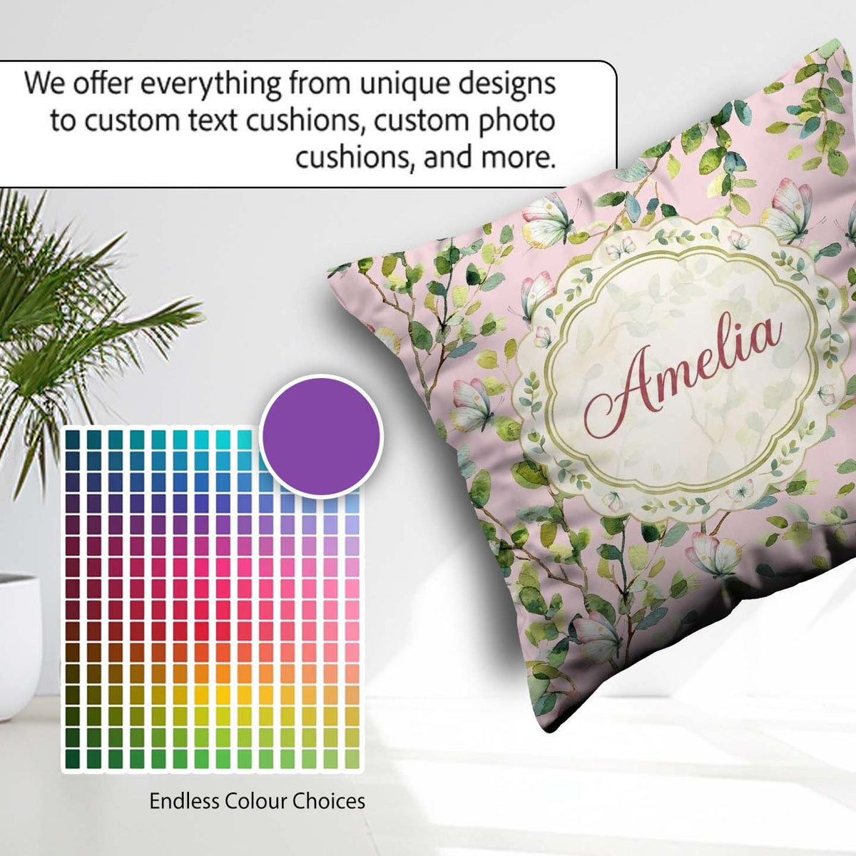 Custom Name Elegant Watercolor Butterflies Green Leaves on Muted Square Filled Cushion Throw Pillow Sofa Bed Home Decor Zip Washable UK Made