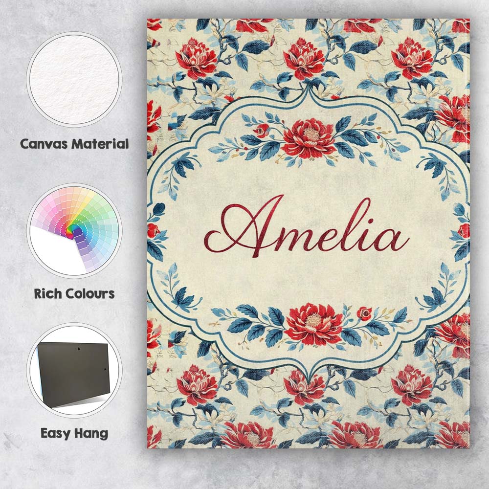 Personalised Name Oriental Inspired Red Blossom Floral Cream Background Decorative Custom Canvas Wall Art Print Decor Picture Ready to Hang