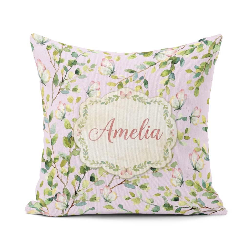 Custom Name Elegant Butterflies and Green Leaves on Dusty Pink Square Filled Cushion Throw Pillow Sofa Bed Home Decor Zip Washable UK Made